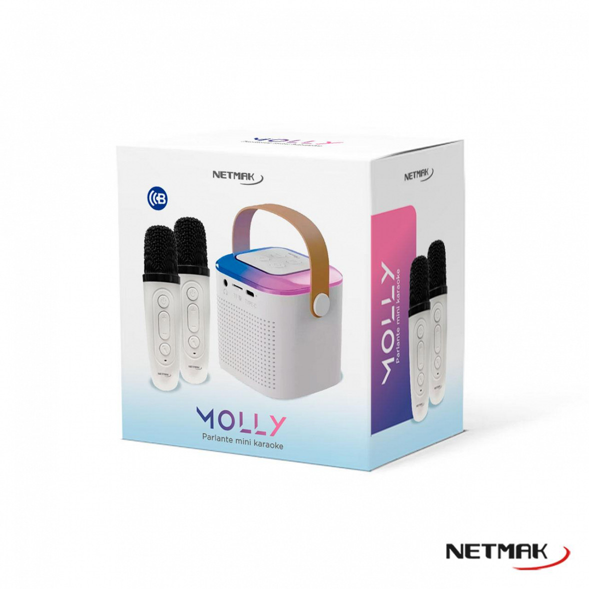 Parlante Portable 5W Mini Karaoke 2 Micrófonos Efectos de Voz Bluetooth/MicroSD/Aux 3.5mm Luces Led RGB Color Blanco Netmak (NM-MOLLY)